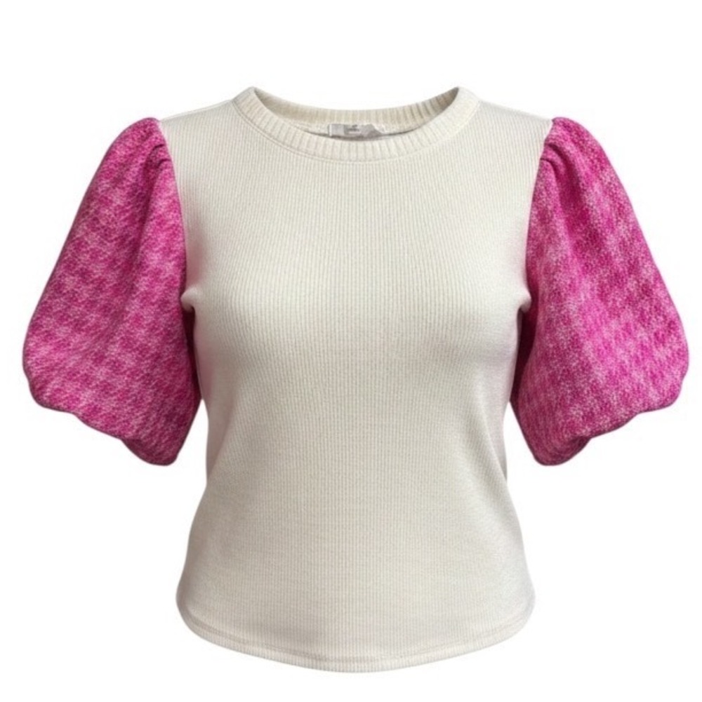 THML Women Cream Pink Contrast Puff Sleeve Ribbed Knit Top XS